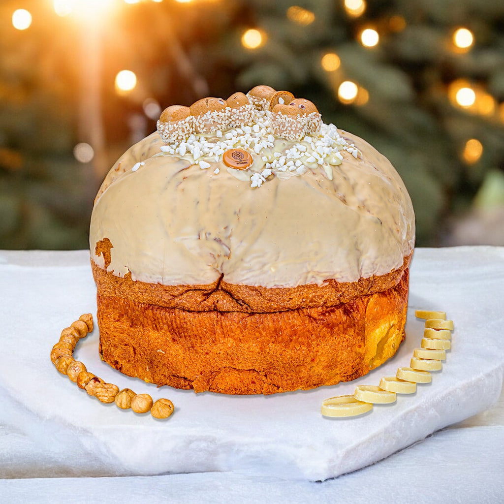 Panettone artigianale Goloso Nocciobianco, con vasetto di crema spalmabile Nocciola e cioccolato bianco