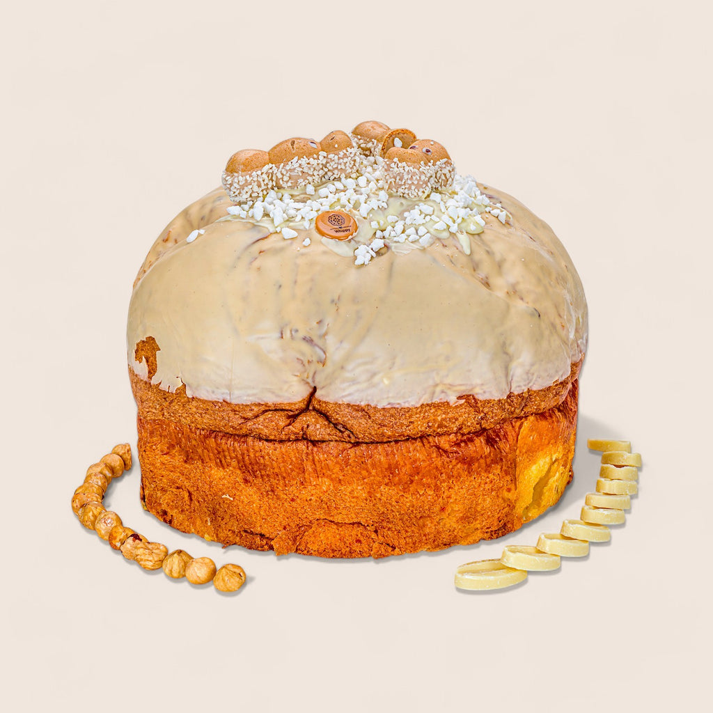 Panettone artigianale Goloso Nocciobianco, con vasetto di crema spalmabile Nocciola e cioccolato bianco