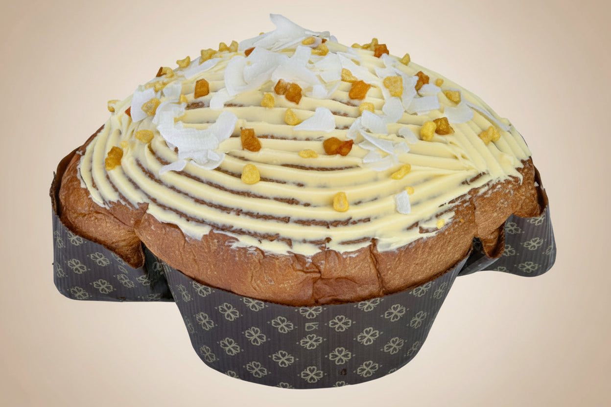 Artisanal Colomba Sinfonia, filled with cubes of yellow peach and white chocolate