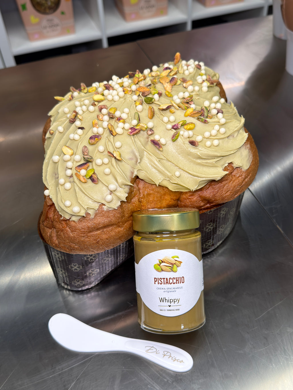 Colomba artigianale Pistacchiosa, con vasetto di crema spalmabile artigianale al pistacchio
